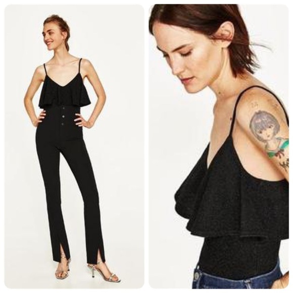 Zara Black Knit Metallic Glitter Ruffle Flounce Bodysuit Size‎ Medium 6096/003 - Picture 10 of 15